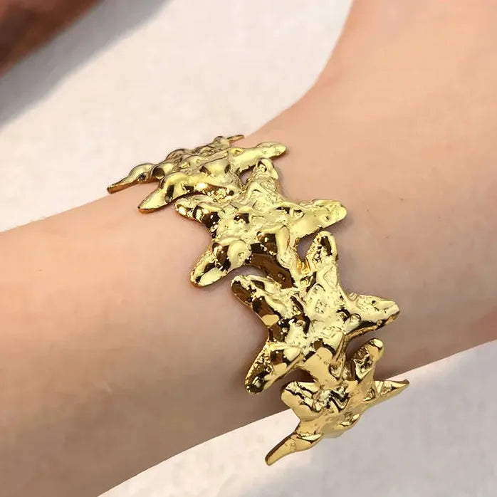 Vintage Ocean Lava Textured Starfish Coral Gold Plated Stainless Steel Cuff Bracelet