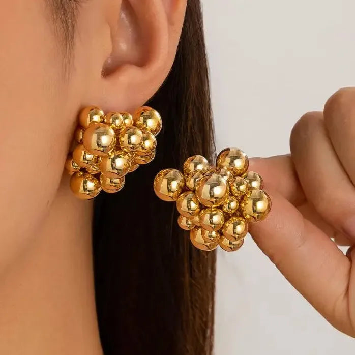 Grape String Hollow Ball Stud Earrings for Women Gold Tone Jewelry Gift