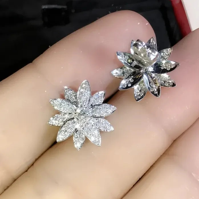 Geometric Crystal Flower Stud Earrings Copper CZ Sparkling Jewelry Gift