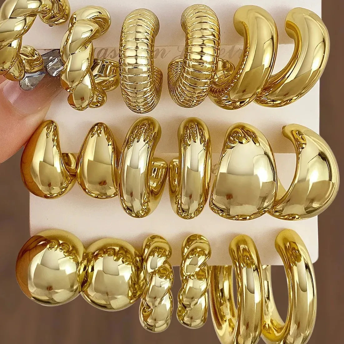 6Pcs Chunky Gold Waterdrop Hoop Earrings Zinc Alloy Vintage Bohemia