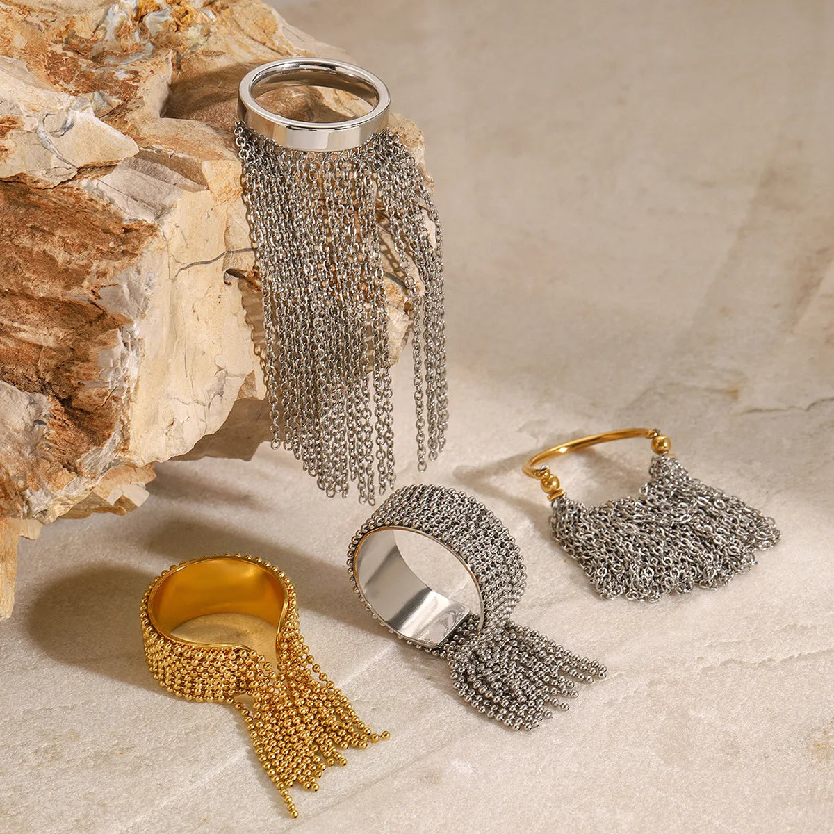 18k Gold Plated Stainless Steel Geometric Multi-Layer Tassel Chain Ring Women