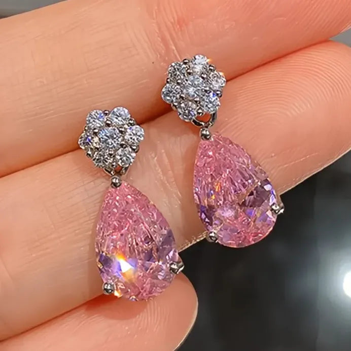 Pear Shape Pink Cubic Zirconia Dangle Earrings Silver Tone Jewelry