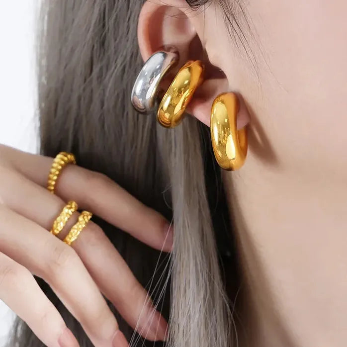 Gold Color Stainless Steel Chunky Round C Shape Clip Punk Earrings for Women