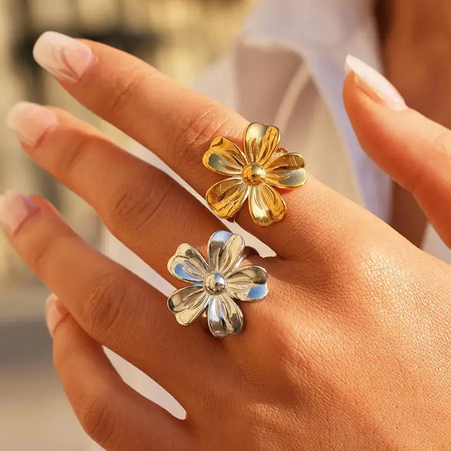 Vintage Stainless Steel Flower Opening Ring Heart Petal Jewelry for Women Men Gift