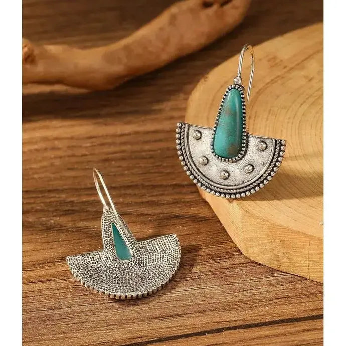 Vintage Bohemian Turquoise Stone Earrings Ethnic Fan Pendant Earhooks Gift