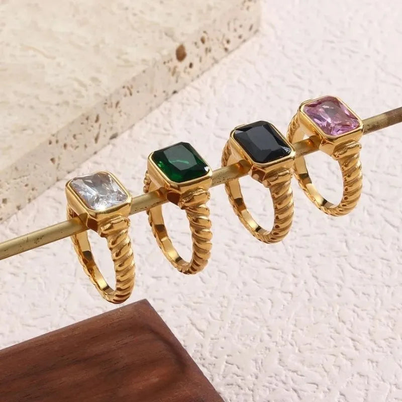 18K Gold Plated Stainless Steel Square Multi-Color Crystal CZ Chunky Ring