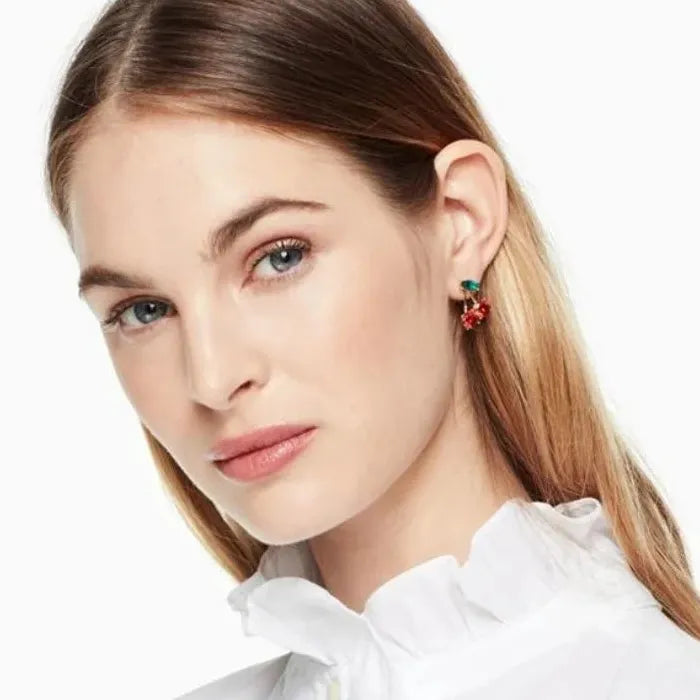 Red Zircon Fruit Leaf Stud Earrings Zinc Alloy Crystal Jewelry Gift