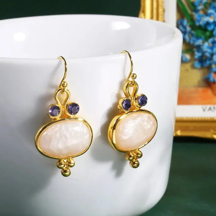 Vintage Boho Oval Cut Gemstone Drop Earrings for Women Girls Zinc Alloy