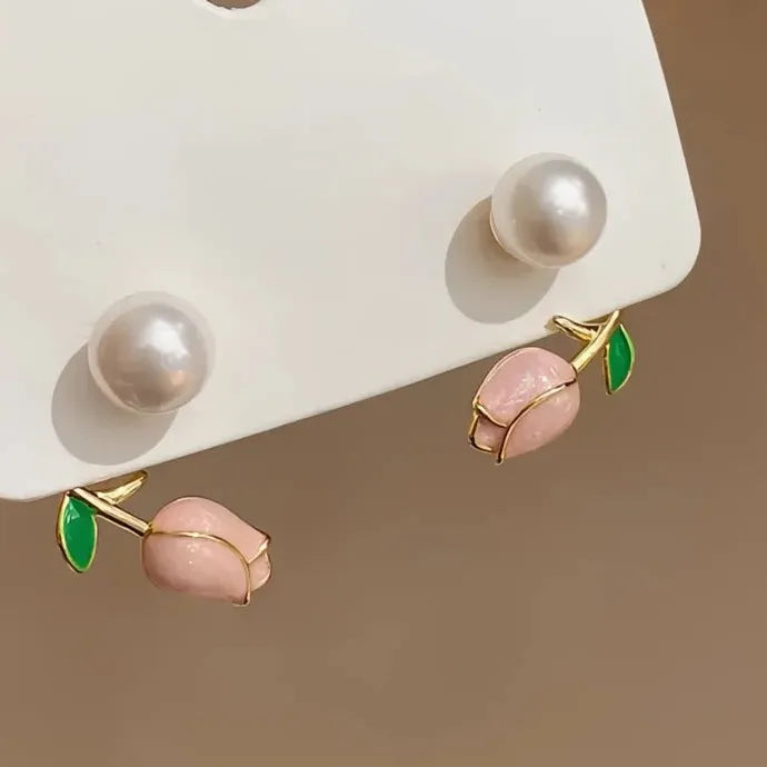Pink Rose Geometric Stud Earrings with Simulated Pearl Copper Alloy Jewelry
