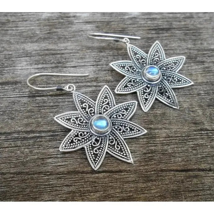 Bohemian Moonstone Drop Earrings Retro Carving Flower Pendant Zinc Alloy Gift