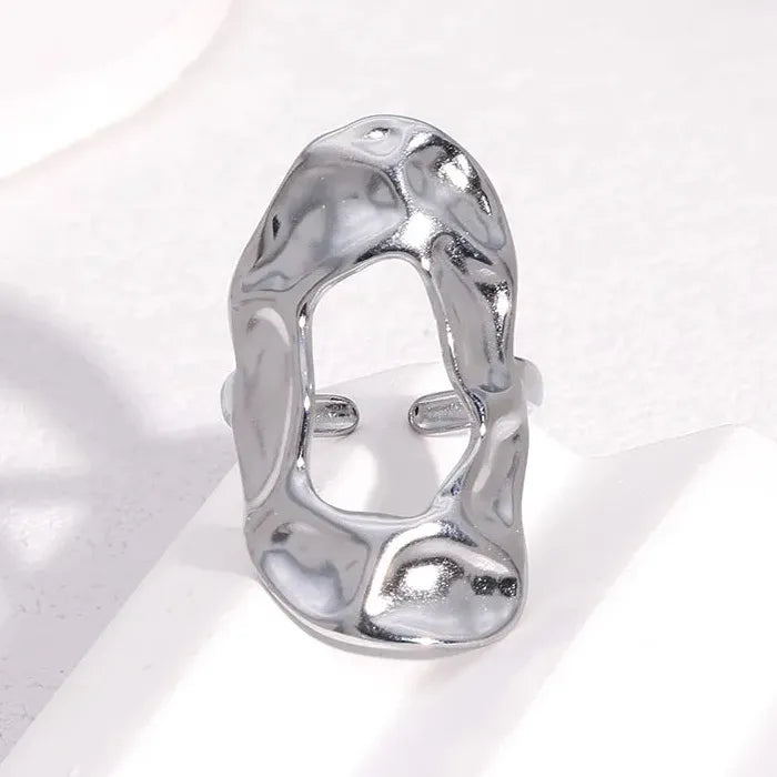 Gold Stainless Steel Irregular Hammered Open Ring Waterproof Gift for Women Men
