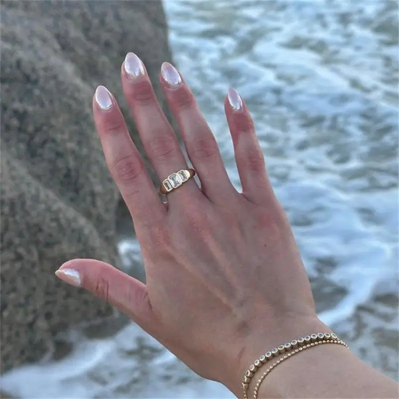 18K Gold Plated Stainless Steel Square CZ Ring Waterproof Wedding Jewelry