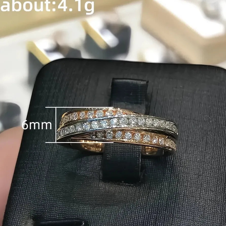 Two Tone Brass CZ Geometric Cross Wedding Rings for Women