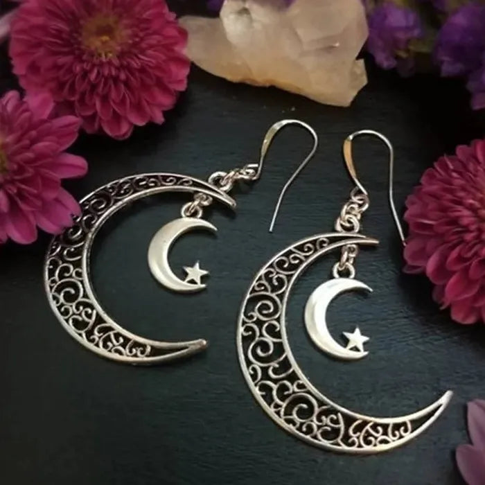Fashion Trend Zinc Alloy Earrings Hollow Star Moon Pendant Drop Jewelry