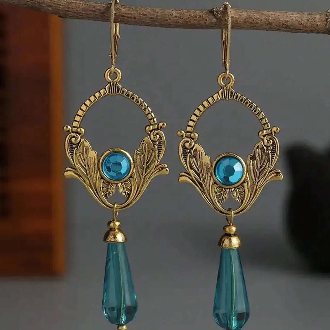 Vintage Bohemian Blue Gemstone Pendant Earrings for Women Ethnic Zinc Alloy Jewelry