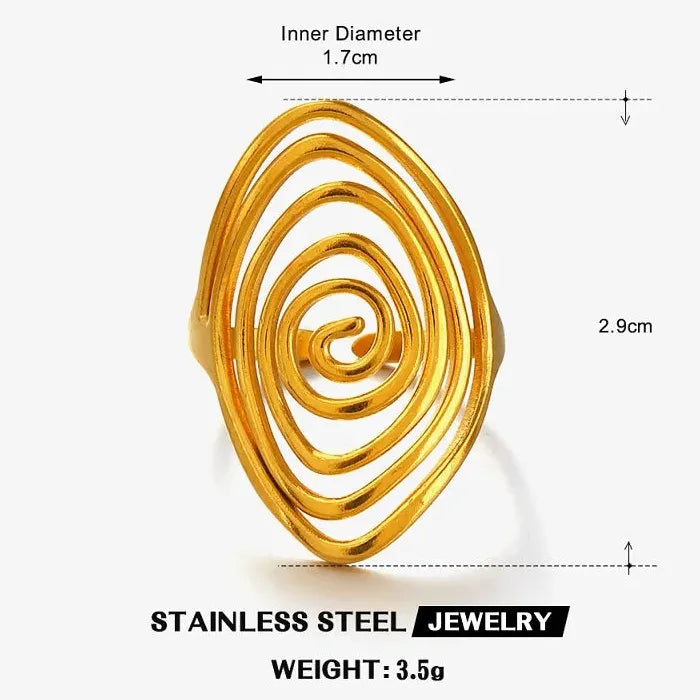 Adjustable Vintage Geometric Stainless Steel Wide Oval Ring for Women Gold Tone