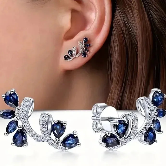 Blue Zircon Flower Stud Earrings Zinc Alloy Women’s Anniversary Gift Jewelry
