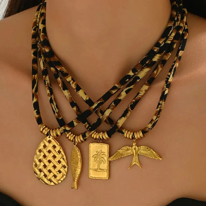 Adjustable Leopard Print Cord Necklace with Zinc Alloy Fish Bird Pendant Choker Gift