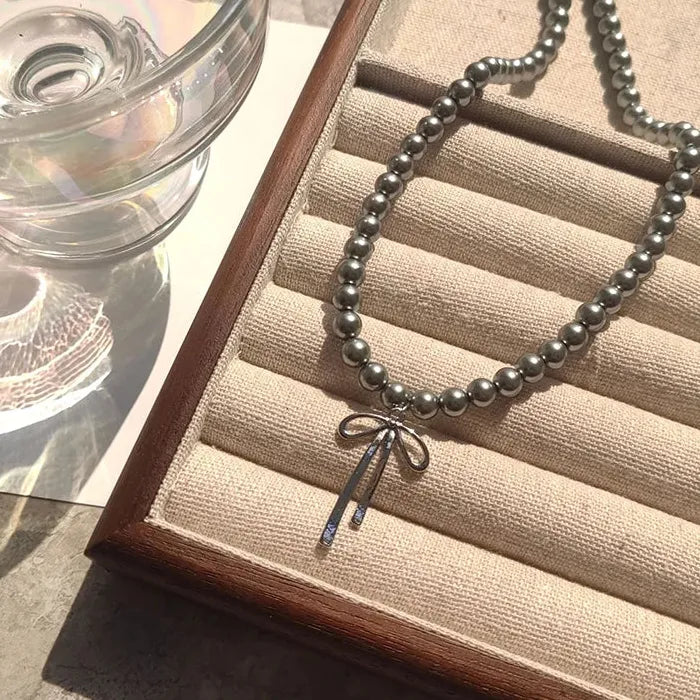 Y2K Elegant Bowknot Pendant Choker Necklace & Gray Pearl Earrings Set