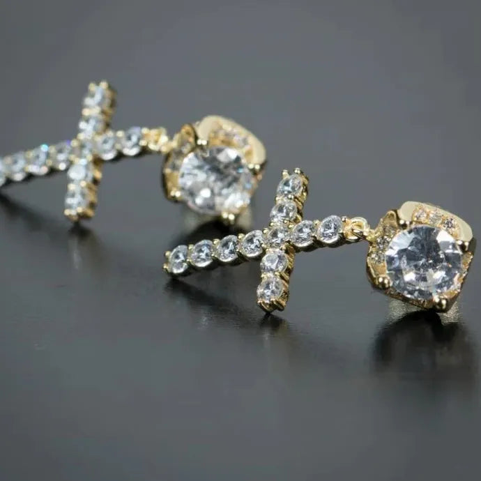 Stylish Cross Drop Hoop Earrings CZ Copper Unisex Fashion Jewelry