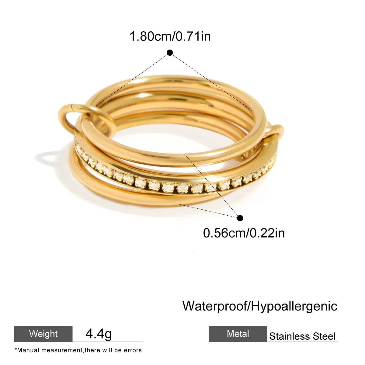 Stackable Two-Color Multilayer Four-Ring Stainless Steel CZ Zircon Jewelry Set Hypoallergenic