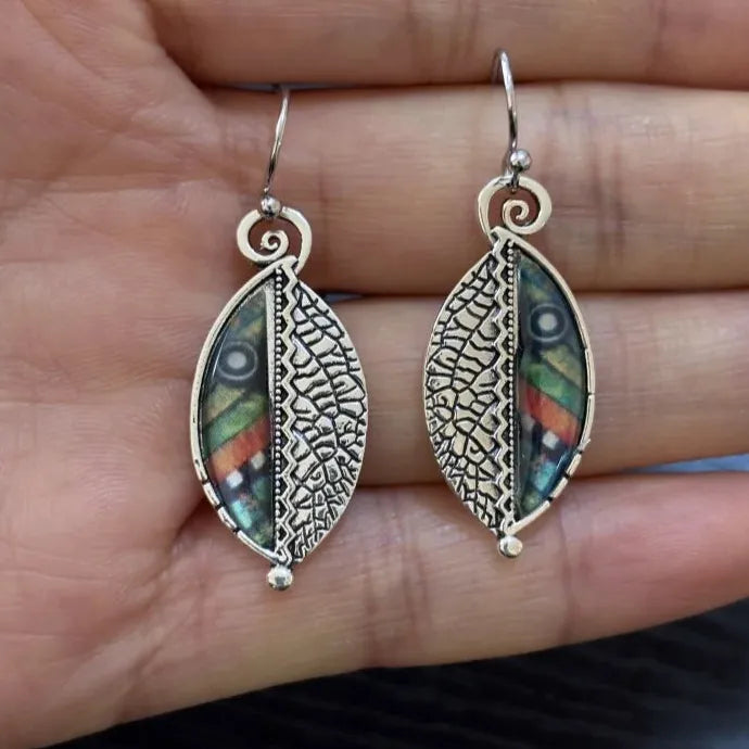Bohemian Green Leaf Drop Earrings for Women Vintage Silver Zinc Alloy