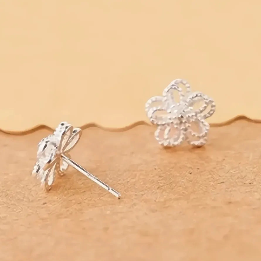 Silver Double Layer Geometric Flower Stud Earrings for Women Gift Copper Alloy