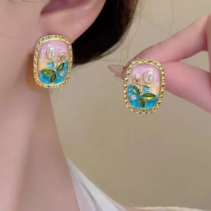 Vintage Pearl Zinc Alloy Oval Stud Earrings with Rectangular Garden Design