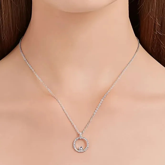 Modern Bridal Geometric Circle Pendant Necklace with White Cubic Zirconia
