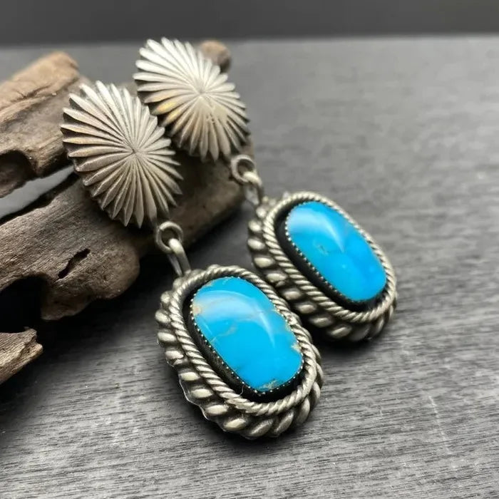 Vintage Blue Stone Geometric Drop Earrings Bohemian Ethnic Silver Zinc Alloy
