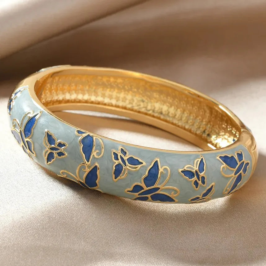 Multicolor Drip Enamel Wide Thick Openable Butterfly Bangle Bracelet Women
