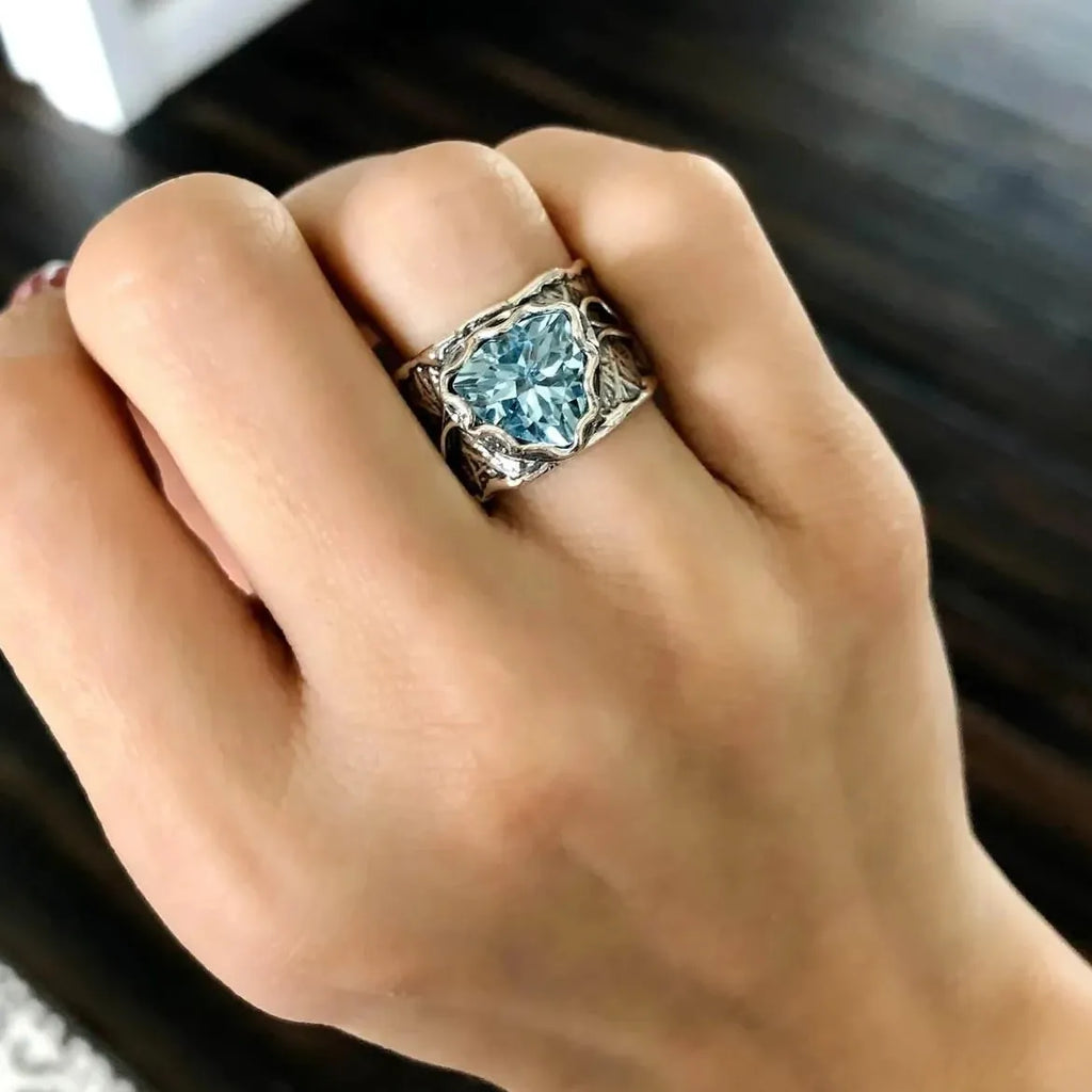 Silver-Plated Boho Ring with Blue Gemstone Inlay Vintage Style for Women