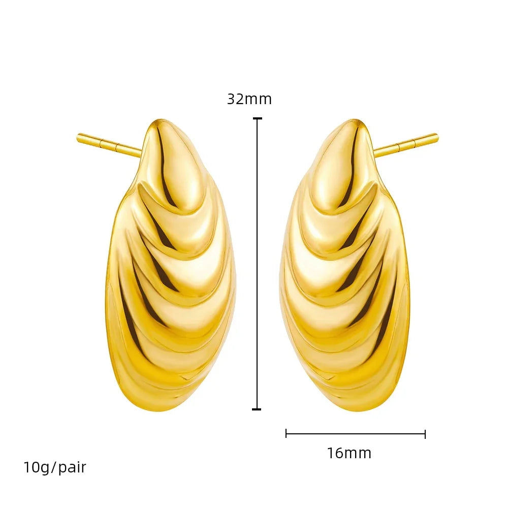 18K Gold Plated Stainless Steel Waterproof Ribbed Large Shell Stud Earrings