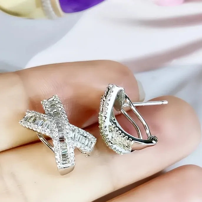 X Shaped Copper Alloy Stud Earrings with White Cubic Zirconia for Wedding