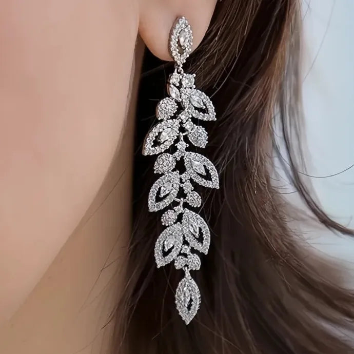 Leaf Shaped Long Drop Earrings with Cubic Zirconia Wedding Jewelry Copper Alloy