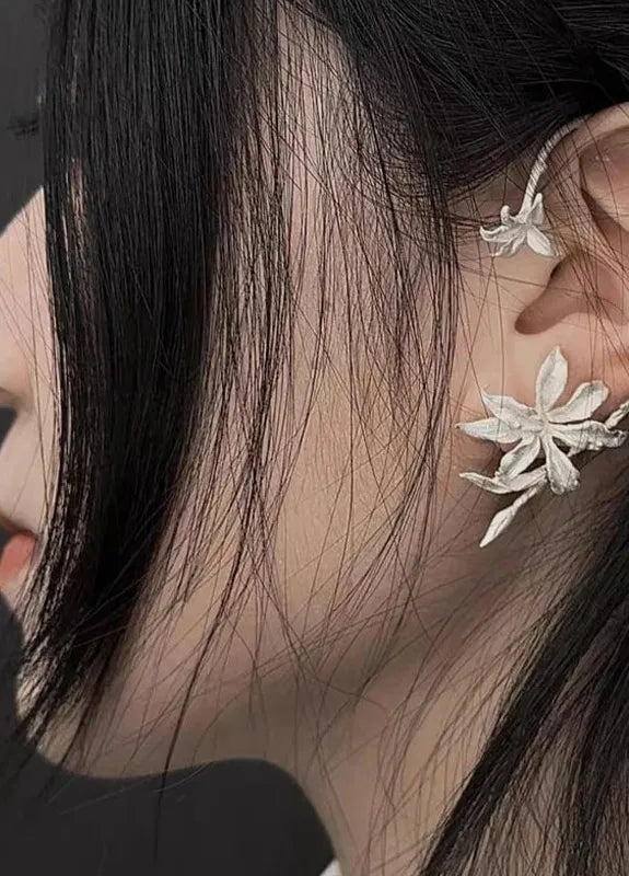 Vintage White Lily Copper Earrings Retro Plant Studs Jewelry Gift for Women