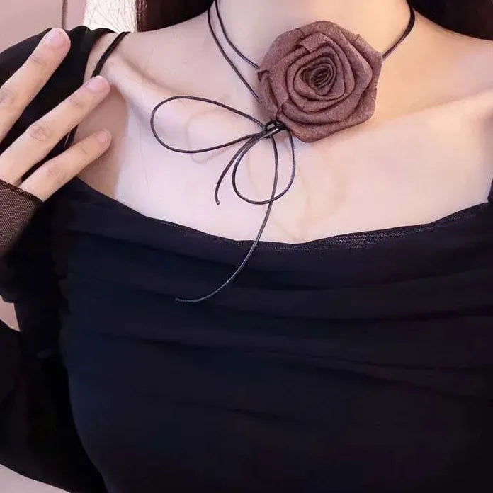 Vintage Red Rose Cotton Pendant Choker Adjustable Leather Rope Necklace Y2K Trendy