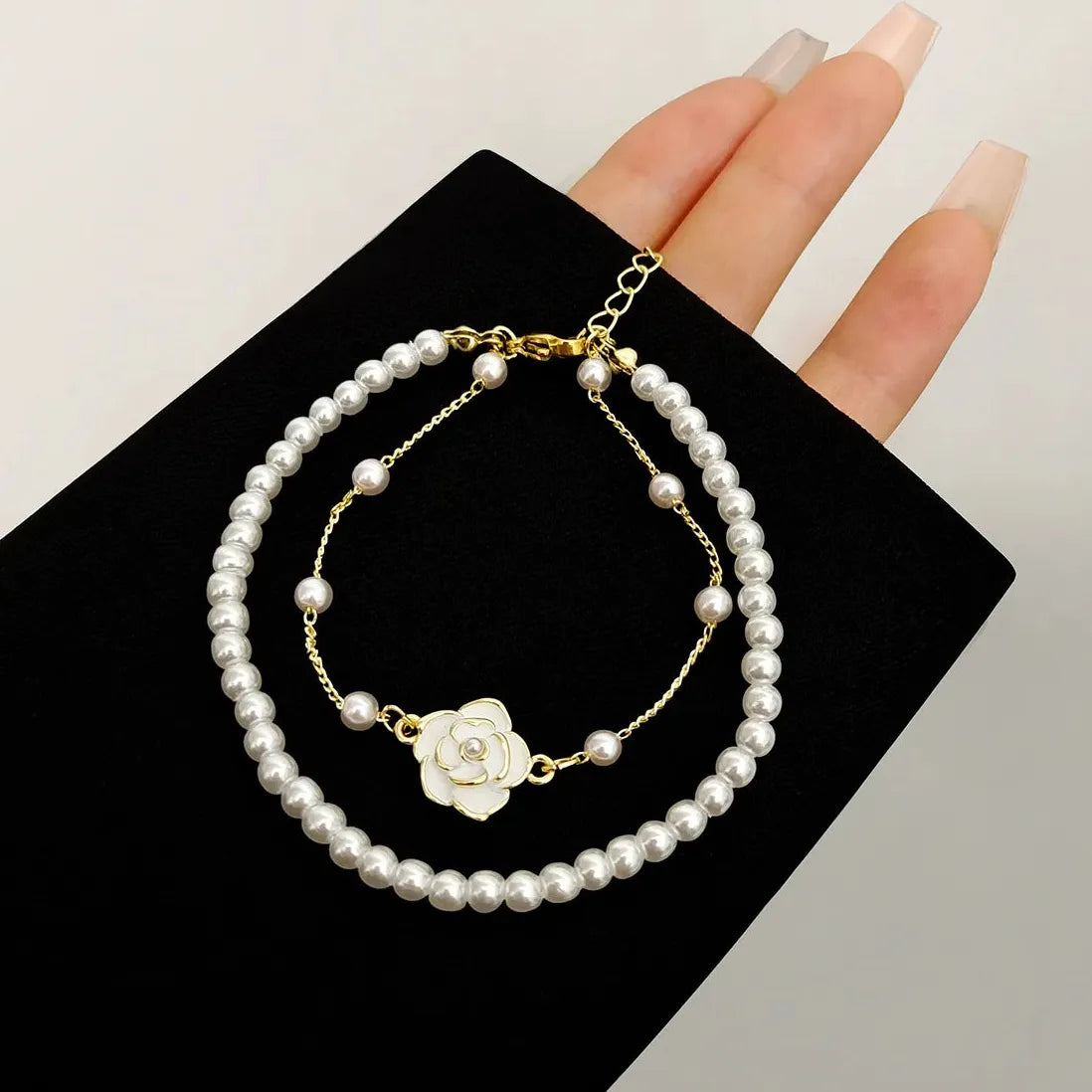 Vintage Double Layer Imitation Pearl Bracelet Featuring White Camellia Flower for Women