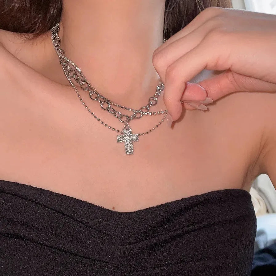 Punk Zircon Cross Pendant Necklace Gothic Jewelry for Men Women Stylish
