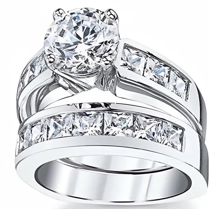 2Pcs Round & Princess Cubic Zirconia Bridal Rings Set Women Wedding Jewelry Brass