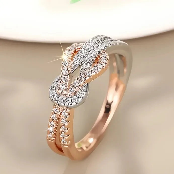 Two-tone Brass Women's Wedding Band Ring with Cubic Zirconia Sparkle