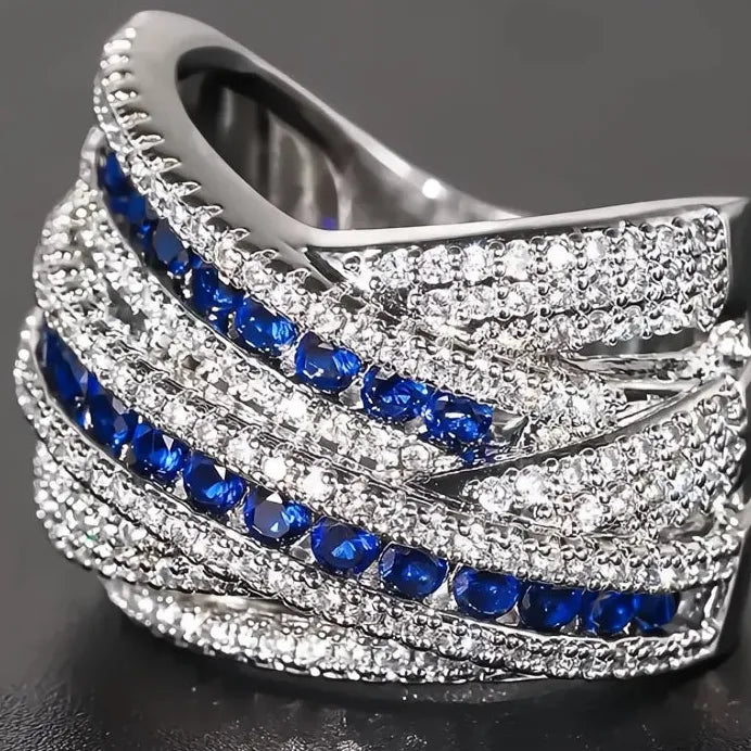 Geometric Cross Women’s Ring with Blue & White CZ for Wedding Party