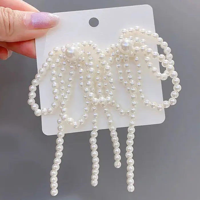 2026 Korean Handmade Zinc Alloy Bow Pearl Tassel Earrings for Women