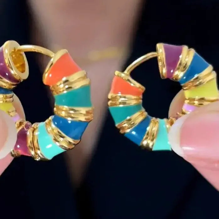 French Retro Enamel Gold Hoop Earrings 2025 Geometric Drop Jewelry Women