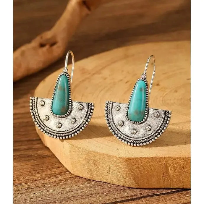 Vintage Bohemian Turquoise Stone Earrings Ethnic Fan Pendant Earhooks Gift