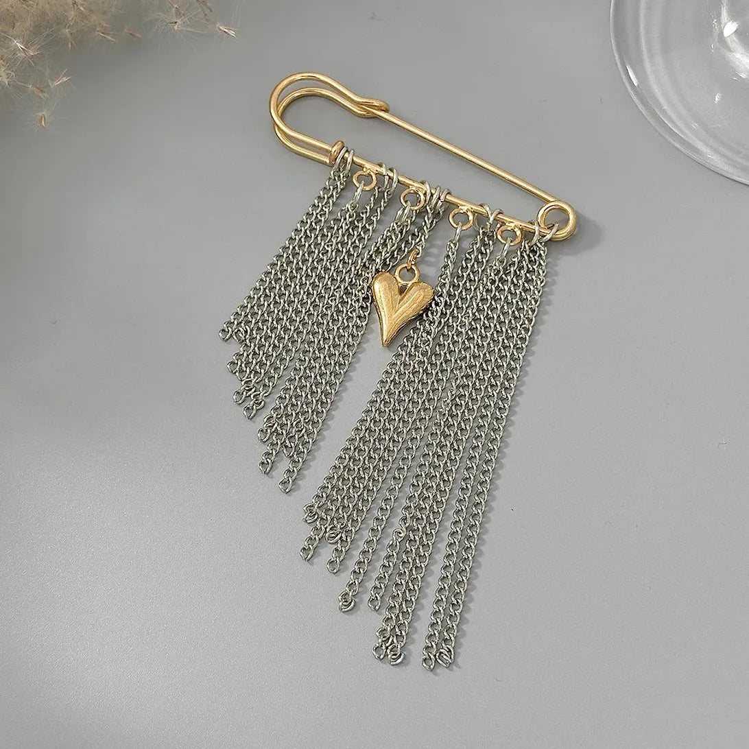 Gold Heart Pendant Brooch Pin with Multi-Layer Tassels for Women Zinc Alloy