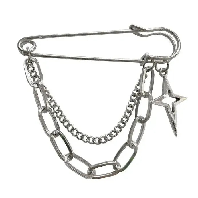 Zinc Alloy Punk Star Pendant Brooch with Double-Layer Tassel Chain for Women