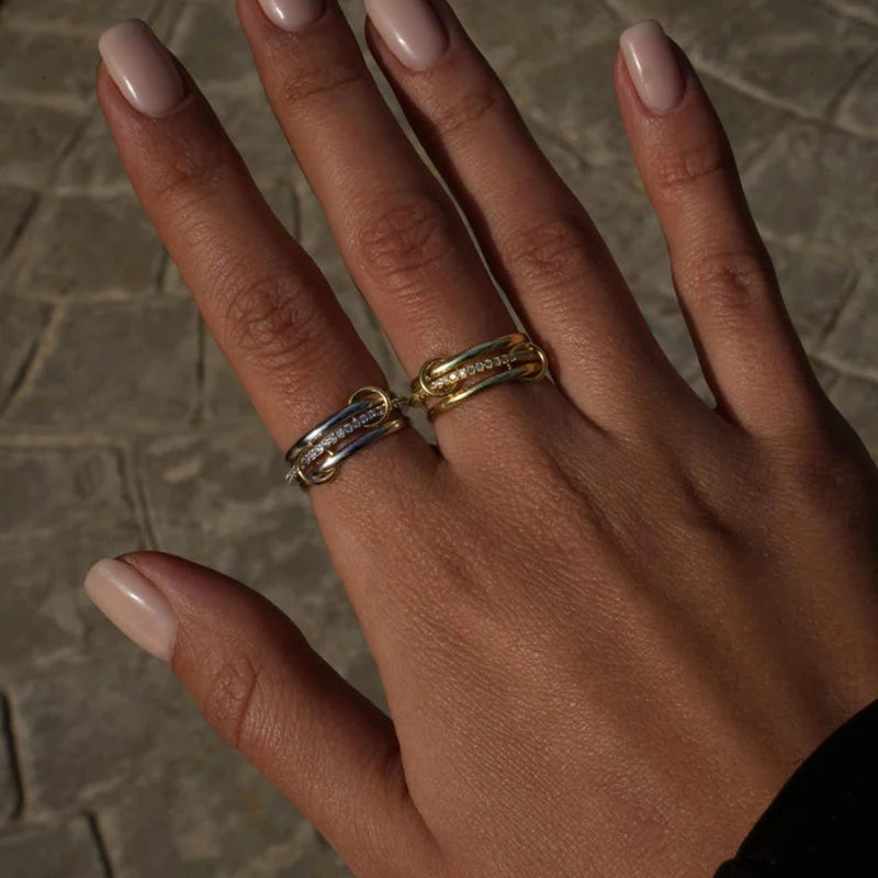 Multi Connected Triple Layer Gold CZ Zircon Punk Stacking Ring for Women