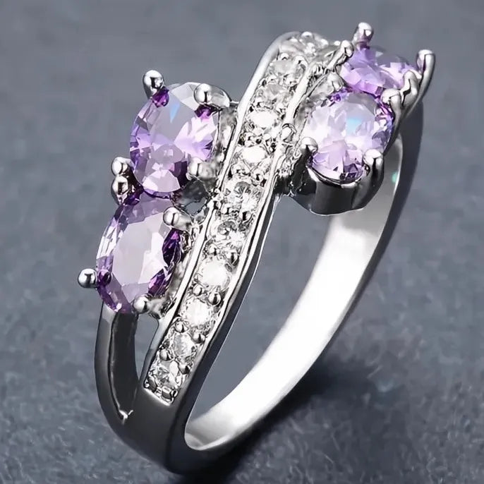 Women's Brass Geometric Ring with Purple Cubic Zirconia for Wedding Party