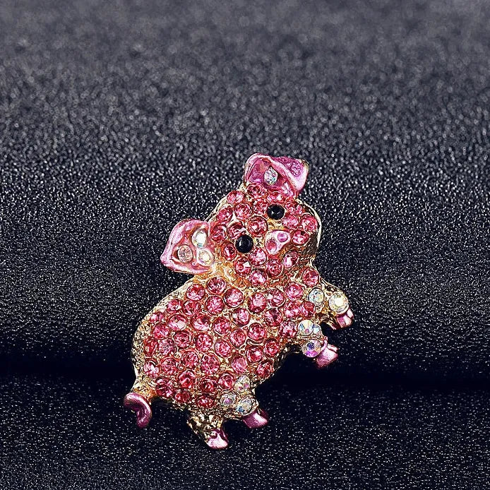 Retro Pink Pig Rhinestone Crystal Animal Brooch Pin for Women